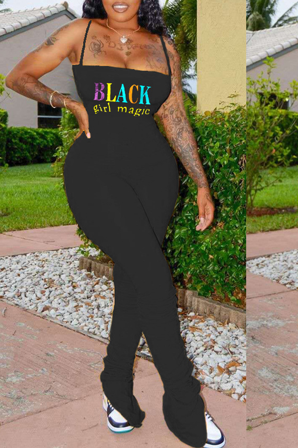 

lovely Stylish Letter Print Black One-piece Jumpsuit