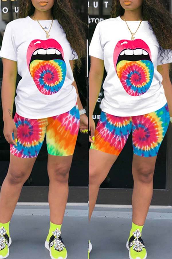 

LW Leisure Lip Print Orange Two-piece Shorts Set