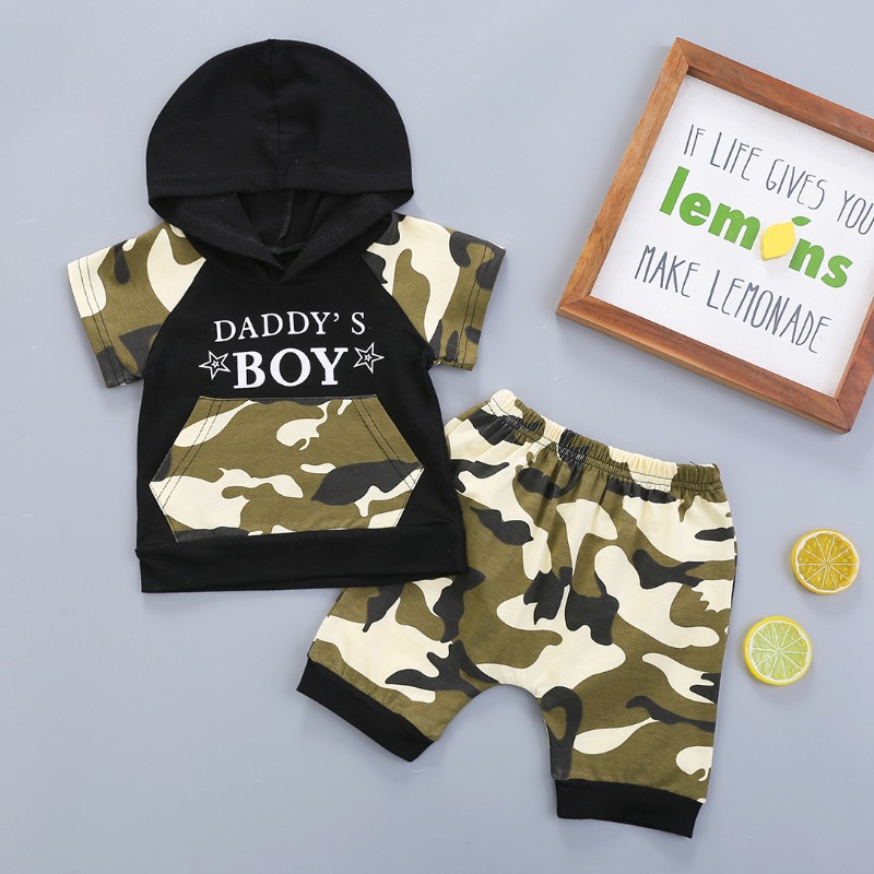 

lovely Casual Hooded Collar Print Black Boy Two-piece Shorts Set