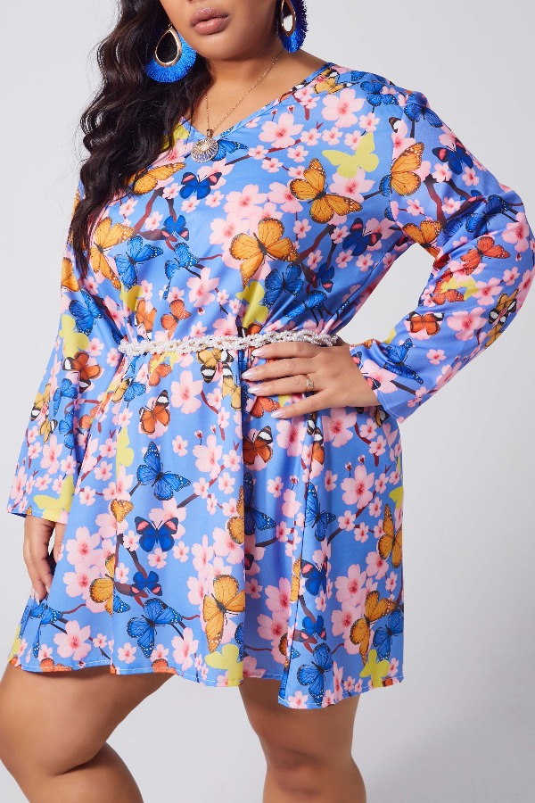 

lovely Stylish V Neck Print Deep Blue Mini Plus Size Dress