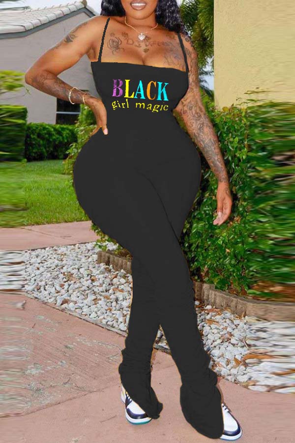 

lovely Stylish Letter Black Plus Size One-piece Jumpsuit