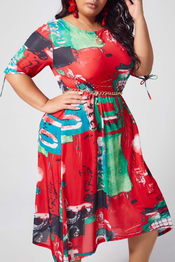 

lovely Bohemian Print Yellow Red Calf Plus Size Dress