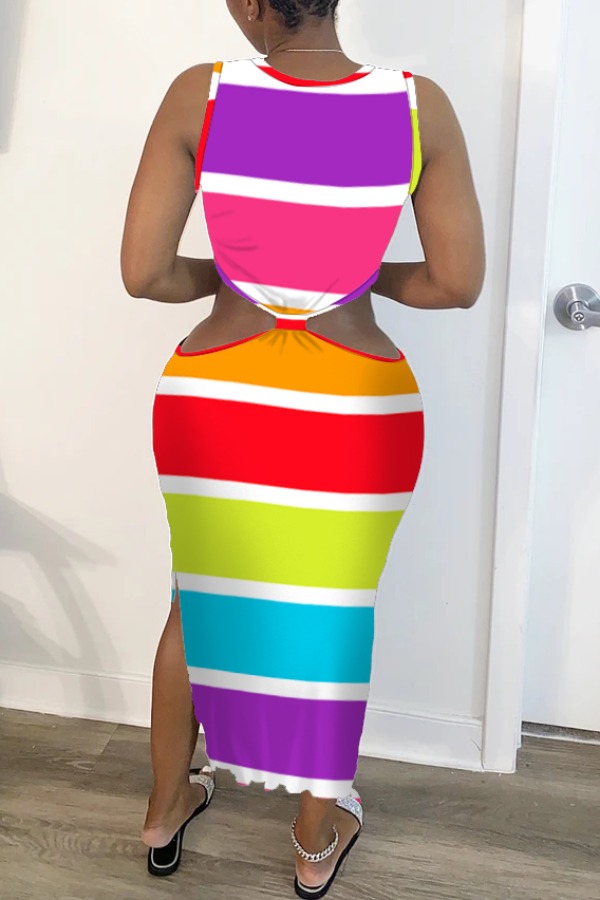 

lovely Casual Rainbow Striped Multicolor Mid Calf Dress, Multi