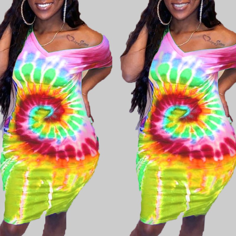 

lovely Casual Tie-dye Yellow Knee Length Plus Size Dress