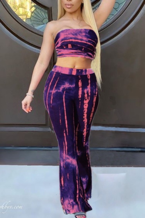 

Lovely Stylish Dew Shoulder Tie-dye Rose Red Two-piece Pants Set
