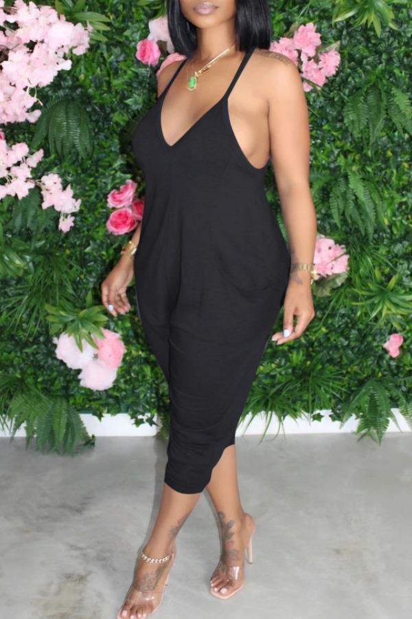 

lovely Sexy Pocket Patched Black Plus Size One-piece Jumpsuit