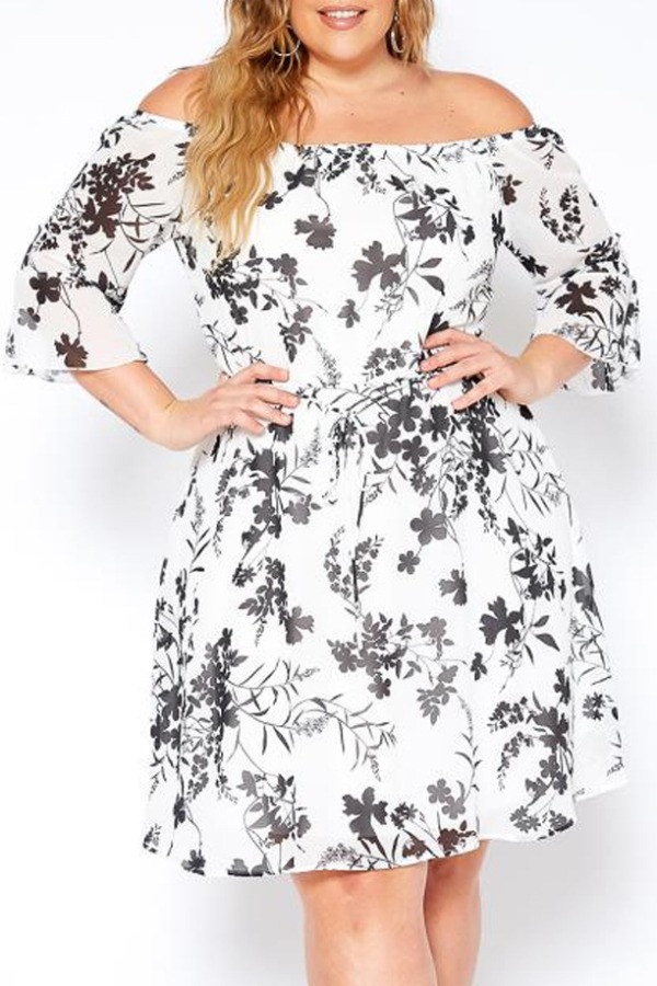 

lovely Trendy Plants Print White Knee Length Plus Size Dress