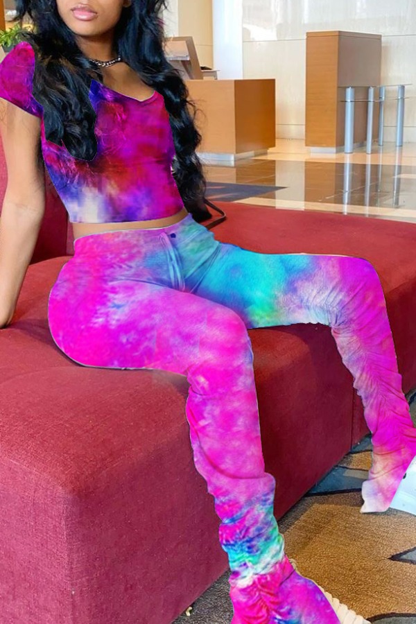 

lovely Casual Tie-dye Rose Red Plus Size Two-piece Pants Set