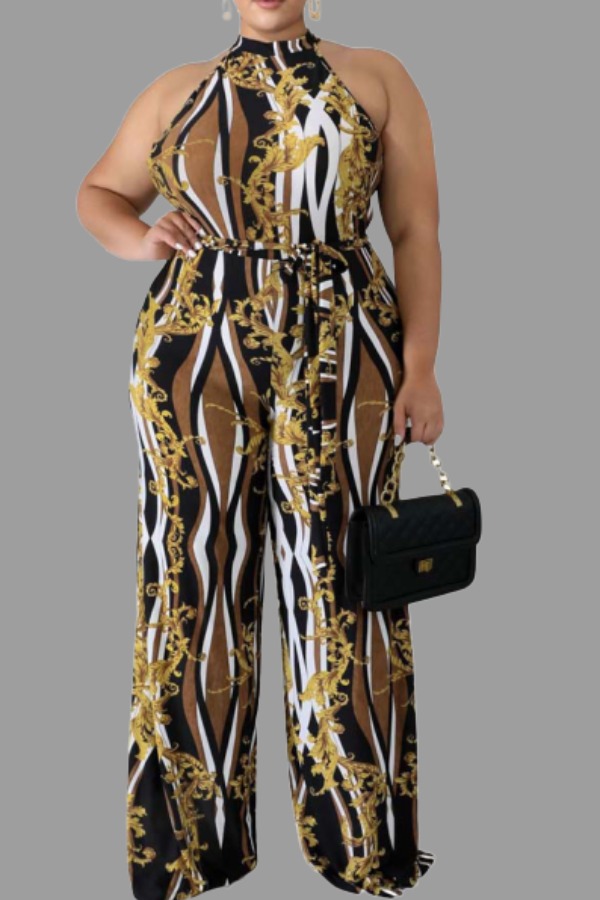 

Lovely Stylish Print Khaki Plus Size One-piece Jumpsuit