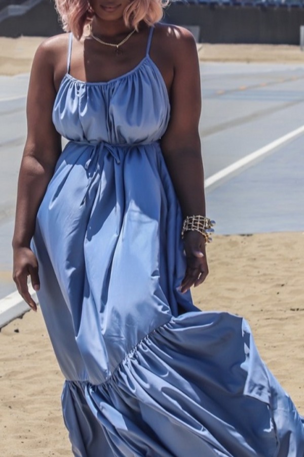 

lovely Bohemian Loose Fold Design Blue Maxi Dress