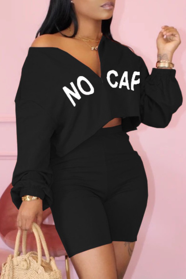 

lovely Leisure Letter Black Plus Size Two-piece Shorts Set