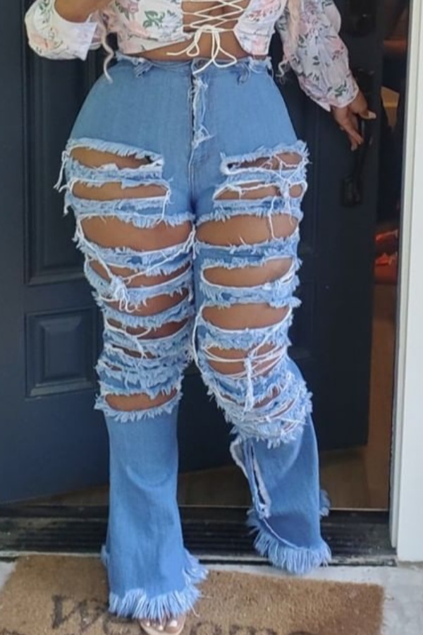 

lovely Stylish Hollow-out Baby Blue Jeans