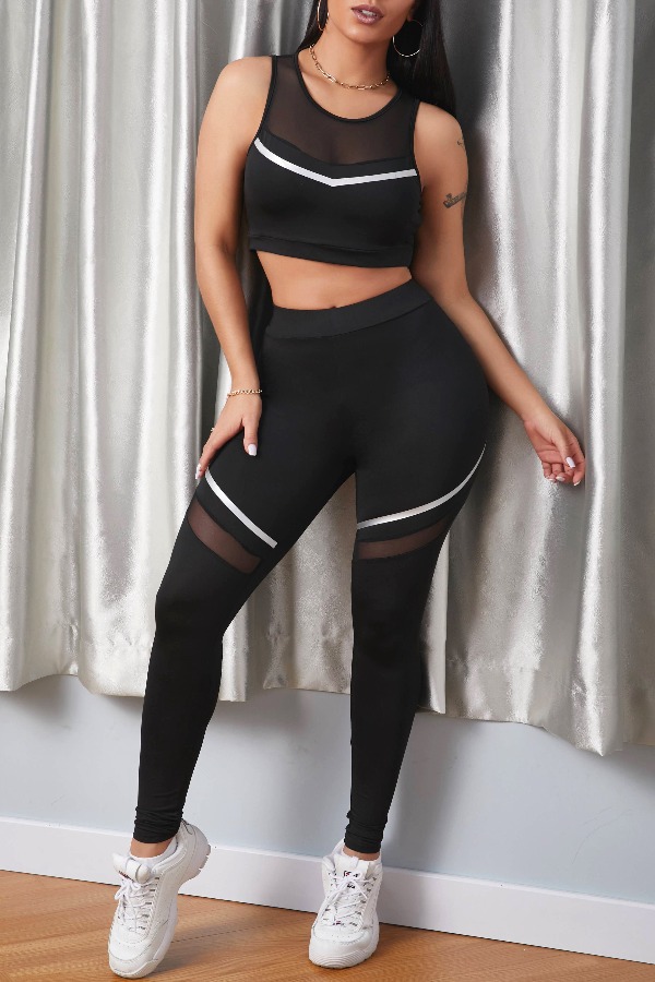 

lovely Sportswear Patchwork Black Two-piece Pants Set