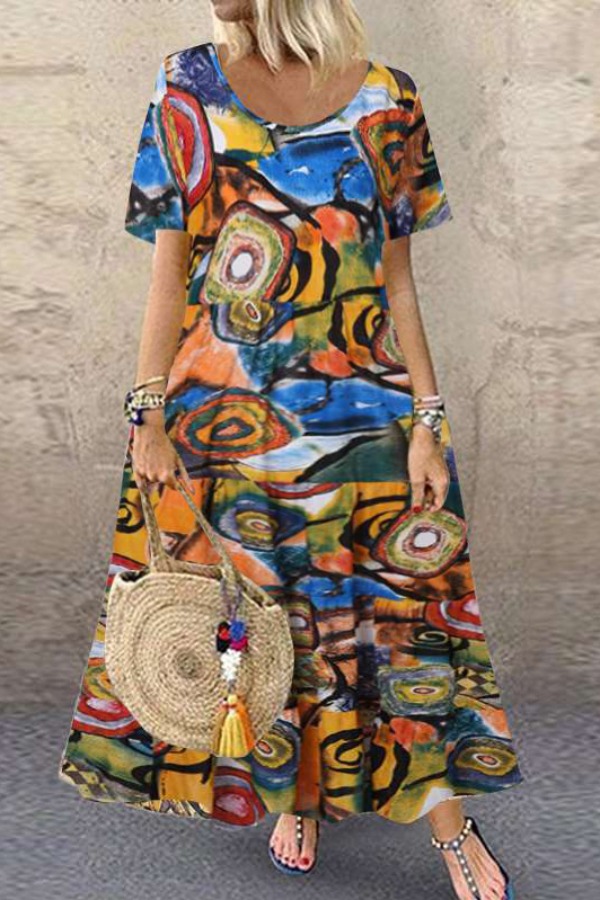 

Lovely Bohemian Print Multicolor Ankle Length Plus Size Dress, Multi