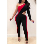 Lovely Trendy One Shoulder Patchwork Red One-piece