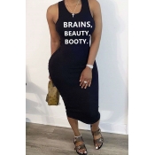 Lovely Leisure Letter Print Black Mid Calf Dress