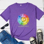 Lovely Casual O Neck Print Purple T-shirt