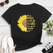 Lovely Casual O Neck Print Black T-shirt