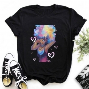 Lovely Leisure O Neck Cartoon Print Black T-shirt