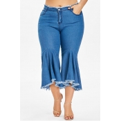 Lovely Stylish Flounce Design Blue Plus Size Jeans
