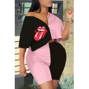 Lovely Casual Patchwork Pink Plus Size Two-piece S