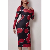 Lovely Trendy O Neck Print Black Mid Calf Dress