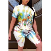 Lovely Casual Cartoon Print White Two-piece Shorts