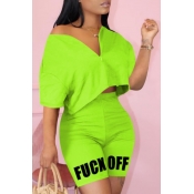 LW Leisure Letter Print Green Two-piece Shorts Set