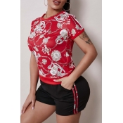 Lovely Sportswear Print Red Two-piece Shorts Set