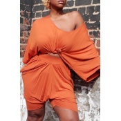 Lovely Casual Fold Design Orange Plus Size Two-pie