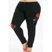 Lovely Casual Rose Embroidered Black Plus Size Jea