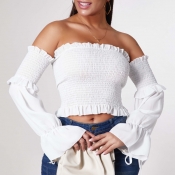 Lovely Stylish Dew Shoulder Fold Design White Blou