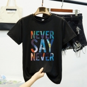 Lovely Casual O Neck Letter Black T-shirt