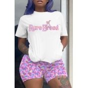 LW Casual Letter Print Pink Two-piece Shorts Set