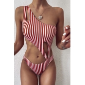 Lovely One Shoulder Striped Red Two-piece Swimsuit