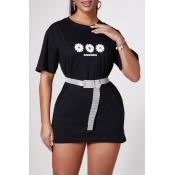 Lovely Casual O Neck Print Black Mini Dress