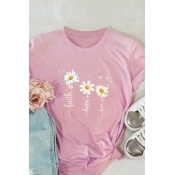 Lovely Casual O Neck Print Pink Plus Size T-shirt