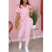Lovely Sportswear Lace-up Pink Plus Size Two-piece