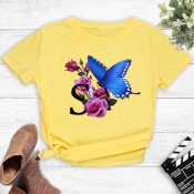 Lovely Street O Neck Print Yellow T-shirt