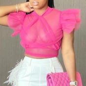 Lovely Casual See-through Pink Blouse
