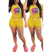 Lovely Leisure O Neck Lip Print Yellow Two-piece S