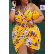 Lovely Sexy Print Yellow Mini Plus Size Dress