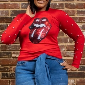 Lovely Leisure O Neck Lip Print Red Plus Size T-sh
