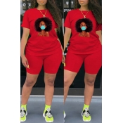 LW Plus Size Leisure Print Red Two-piece Shorts Se