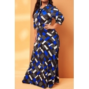 Lovely Trendy Print Blue Maxi Plus Size Dress