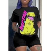 Lovely Casual Cartoon Print Black Two-piece Shorts