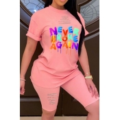 lovely Leisure O Neck Letter Print Pink Plus Size 