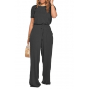 lovely Leisure Lace-up Black One-piece Jumpsuit
