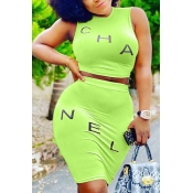 Lovely Casual Letter Green Two-piece Skirt Set