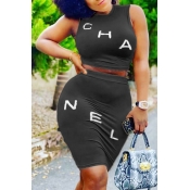 Lovely Casual Letter Black Two-piece Skirt Set